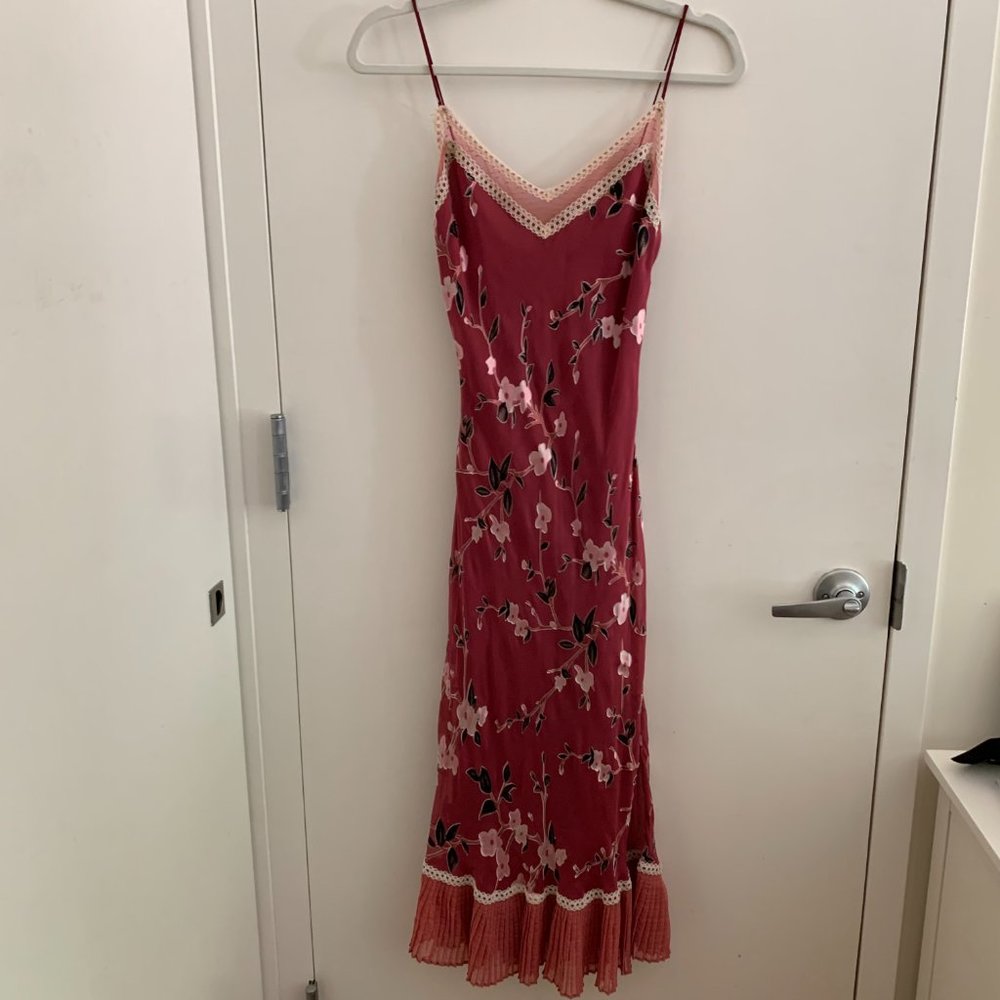 Betsey Johnson | Vintage Silk Slip Burnout Midi Dress | Floral Cherry Blossom